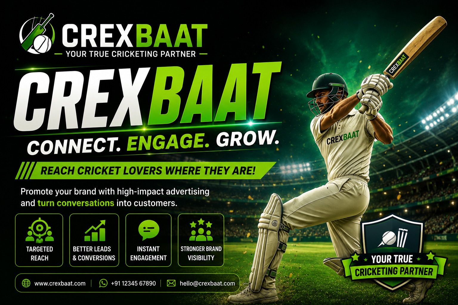 Promotional banner for CREXBAAT featuring a cricket player in a stadium with bold green and white marketing text
